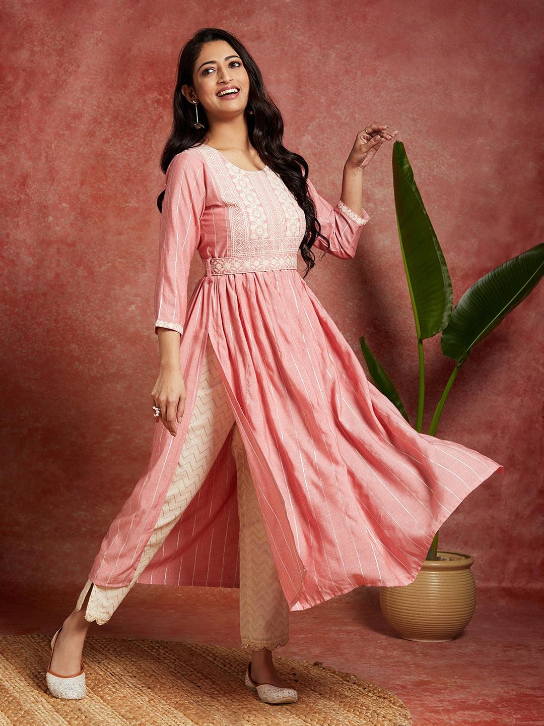 Pink Yoke Design Silk A-Line Kurta