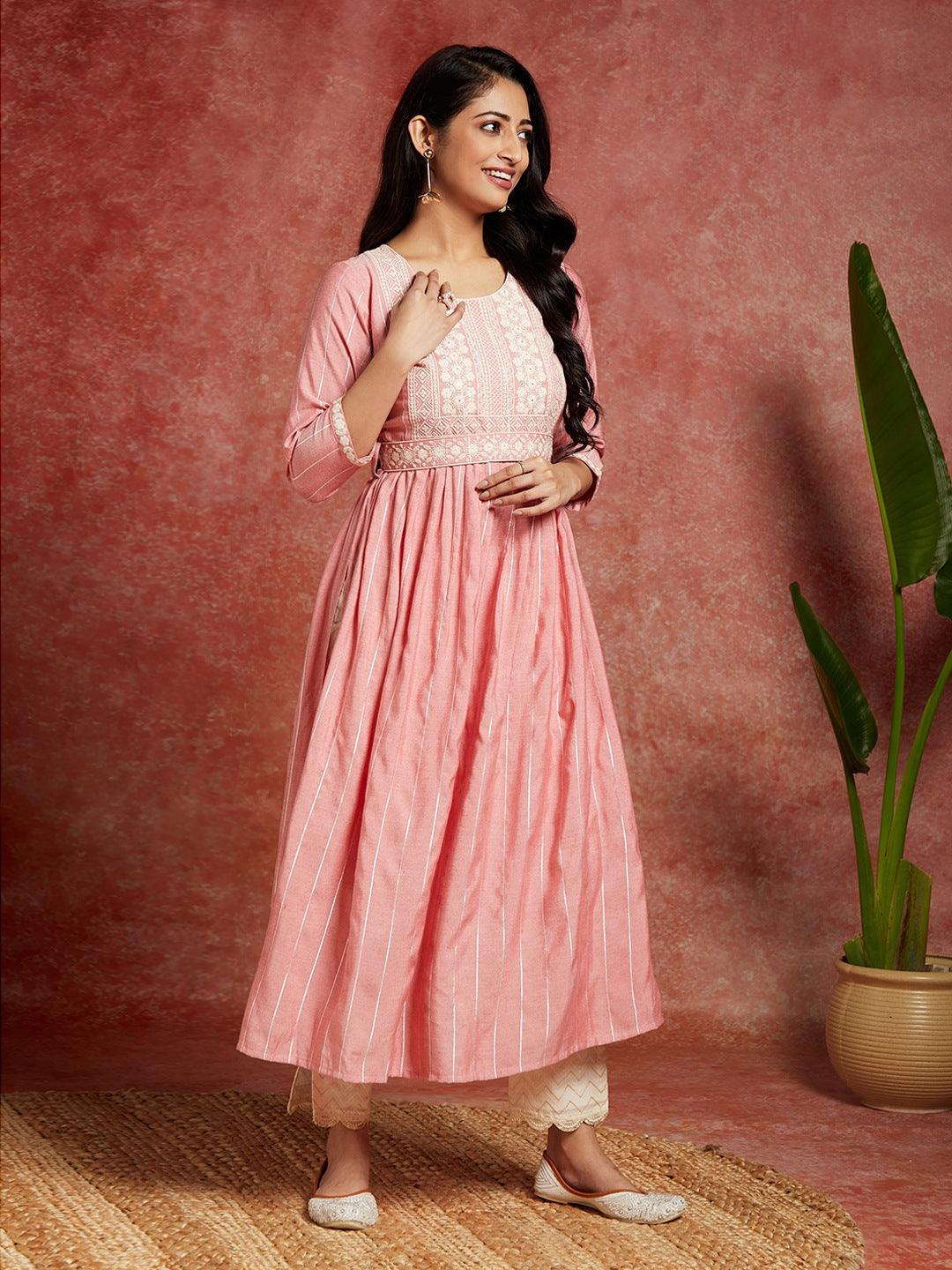 Pink Yoke Design Silk A-Line Kurta