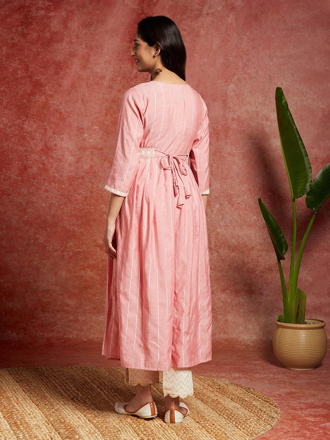 Pink Yoke Design Silk A-Line Kurta