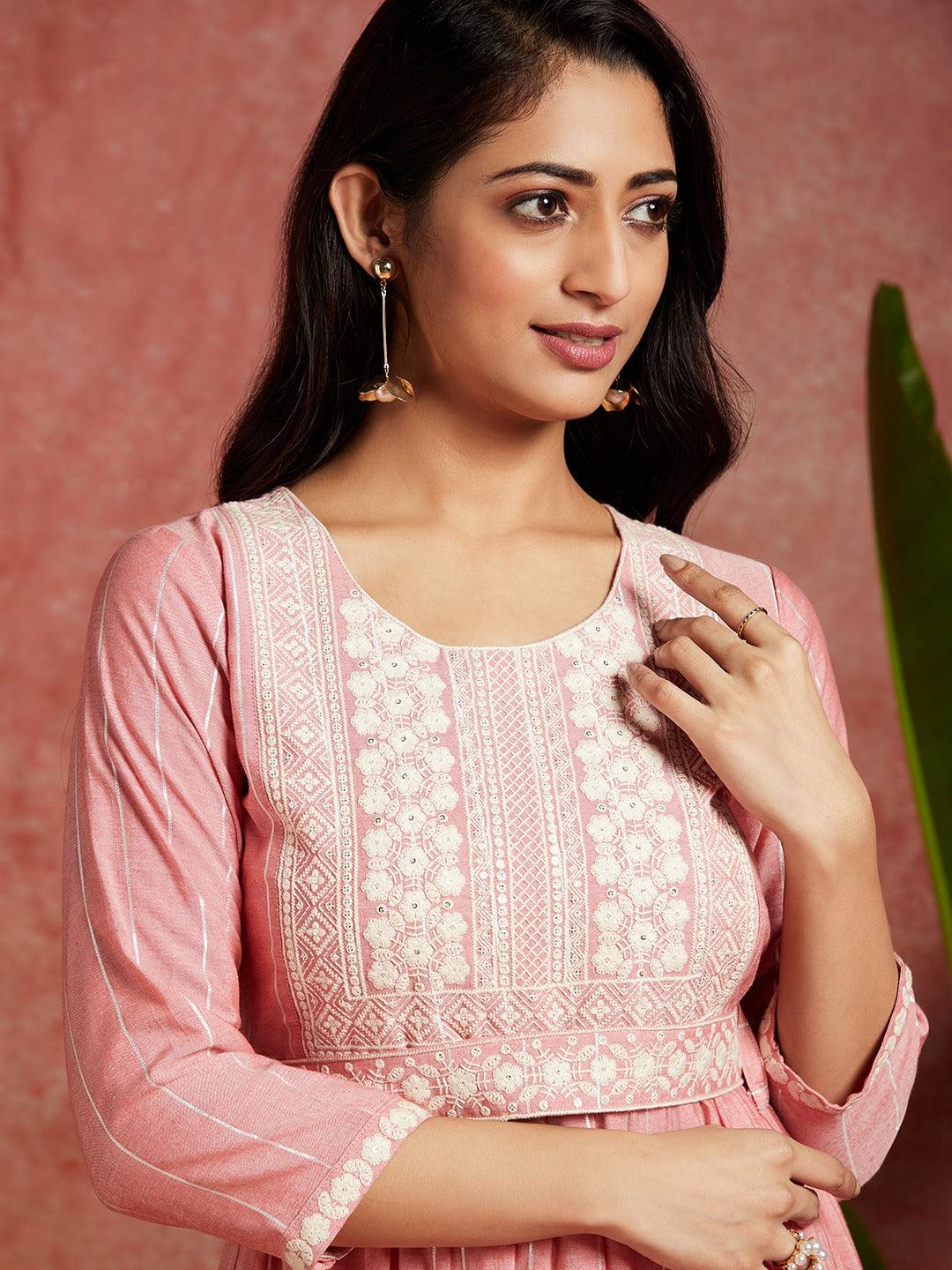 Pink Yoke Design Silk A-Line Kurta