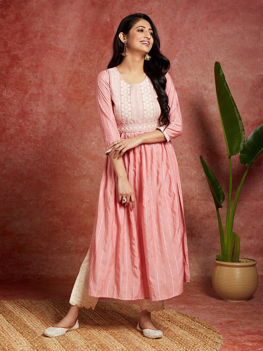 Pink Yoke Design Silk A-Line Kurta