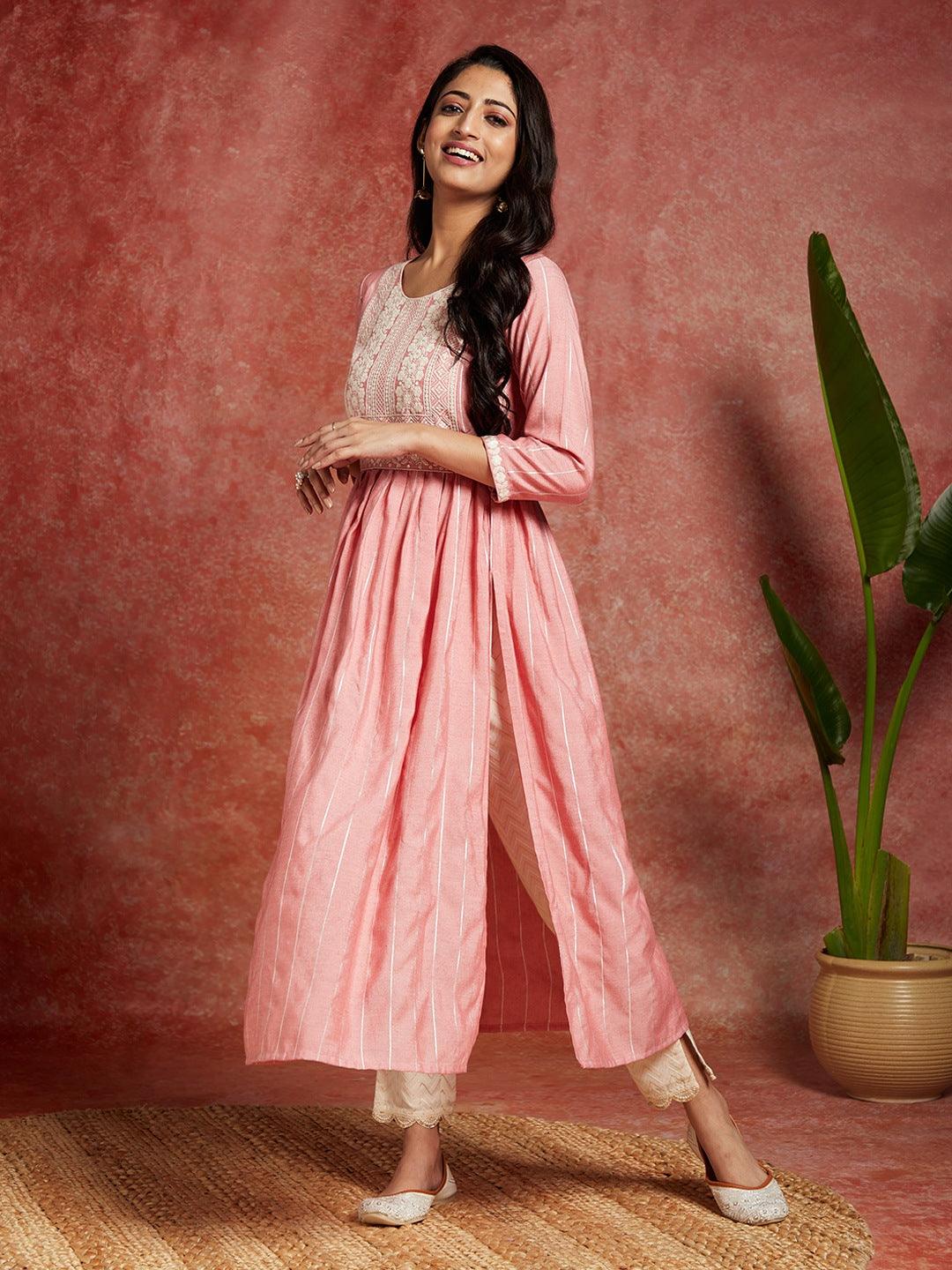 Pink Yoke Design Silk A-Line Kurta