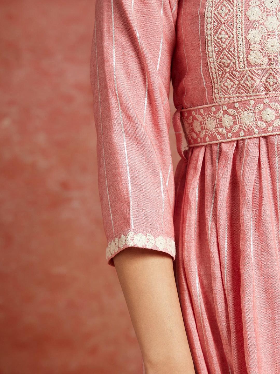 Pink Yoke Design Silk A-Line Kurta