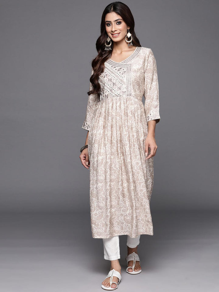 Cream Printed Silk Fit and Flare Dress - ShopLibas