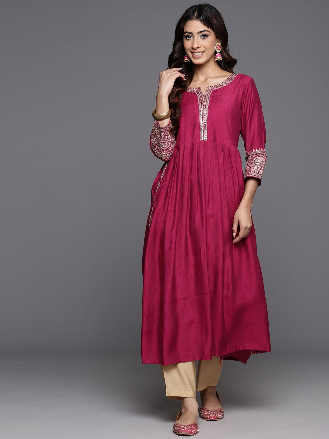 Pink Embellished Silk A-Line Kurta