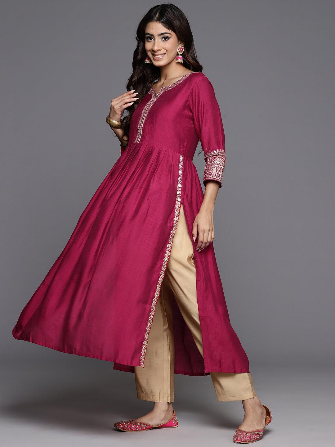 Pink Embellished Silk A-Line Kurta