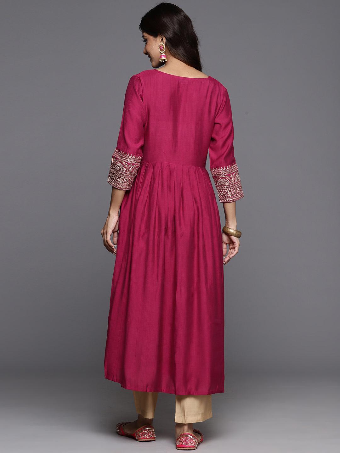 Pink Embellished Silk A-Line Kurta