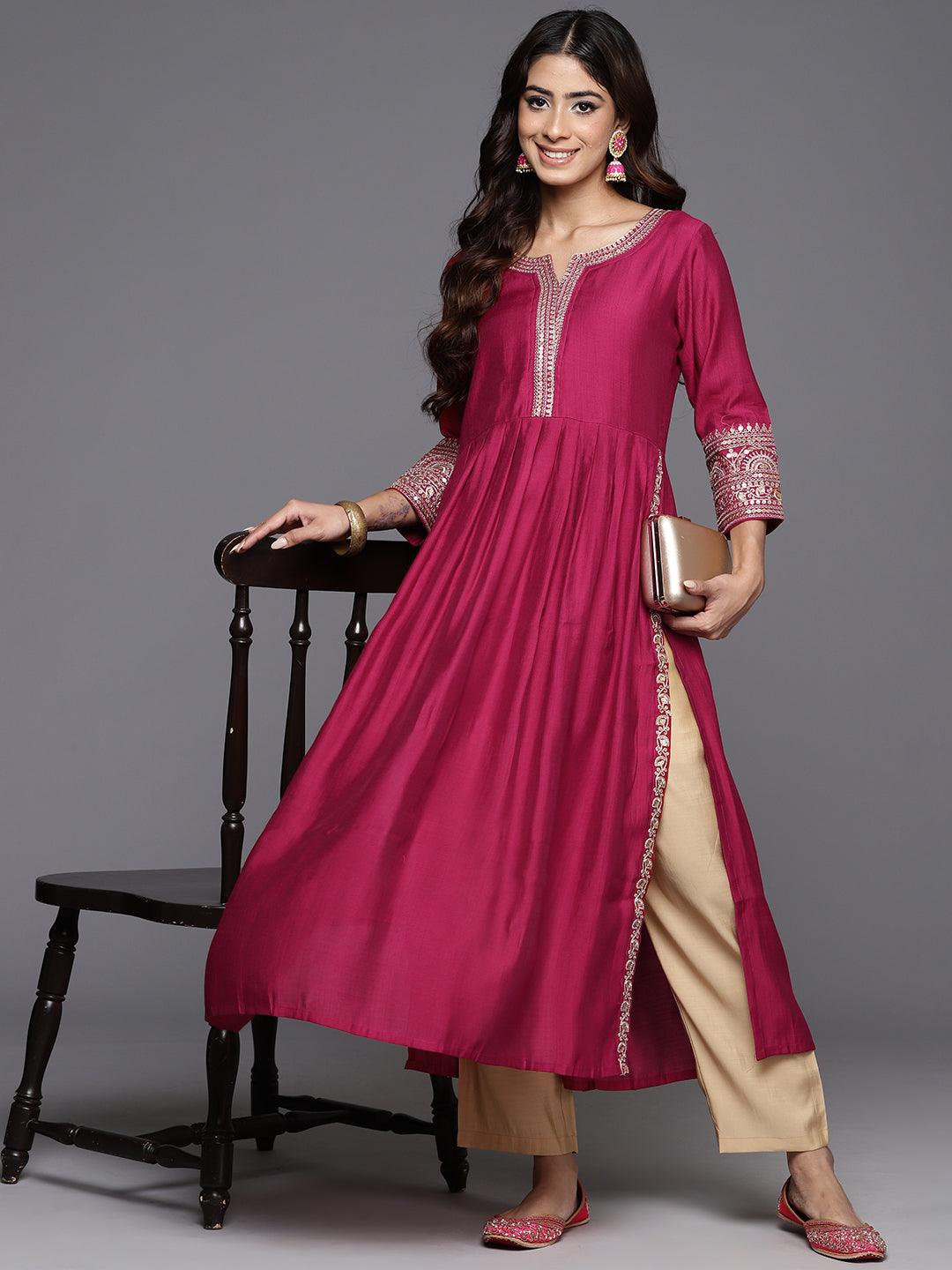 Pink Embellished Silk A-Line Kurta