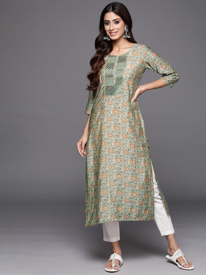 Green Printed Silk Straight Kurta - ShopLibas