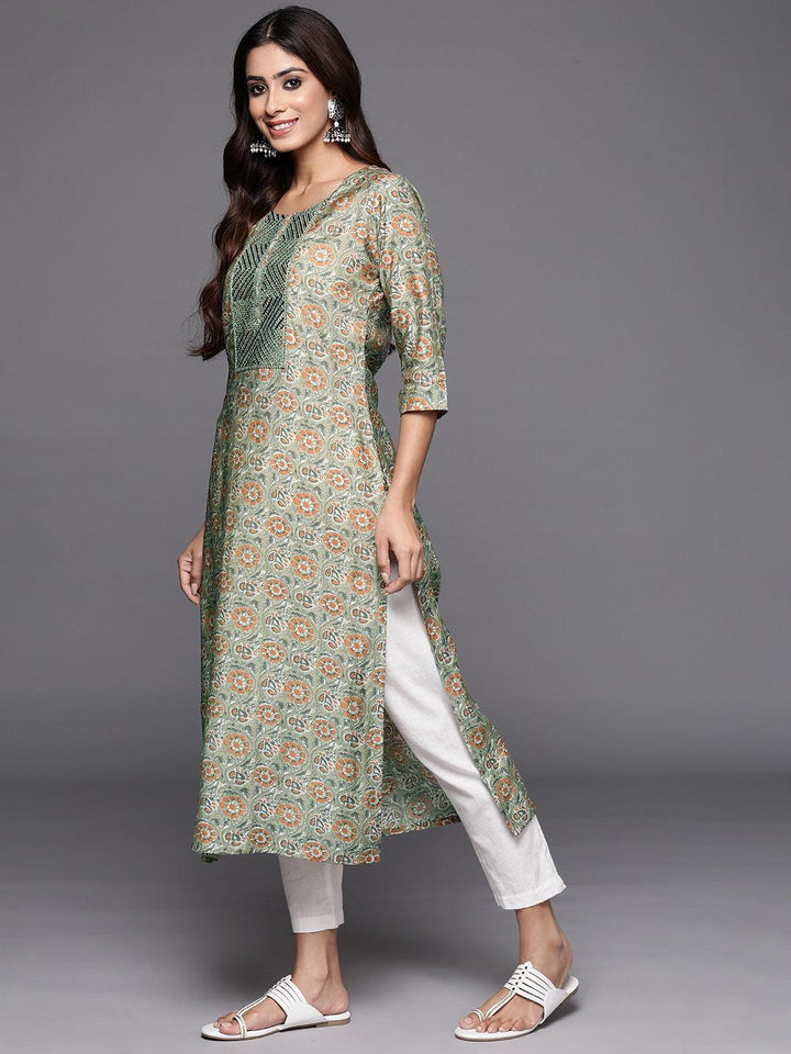 Green Printed Silk Straight Kurta - ShopLibas