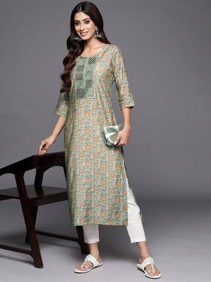 Green Printed Silk Straight Kurta - ShopLibas