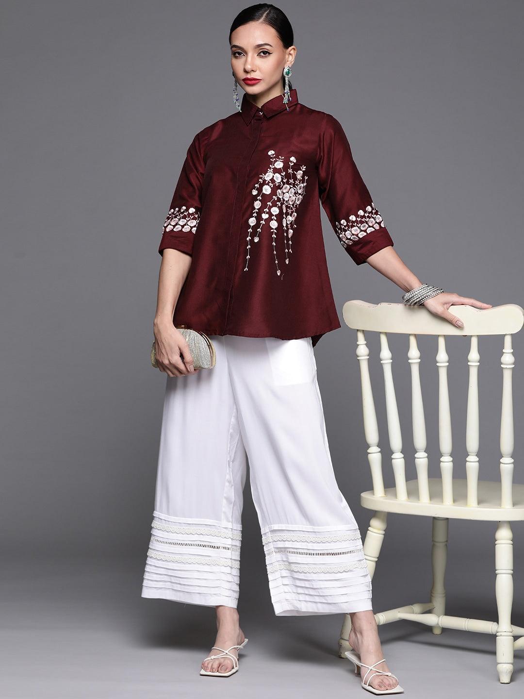 Maroon Embroidered Silk Blend Shirt - ShopLibas