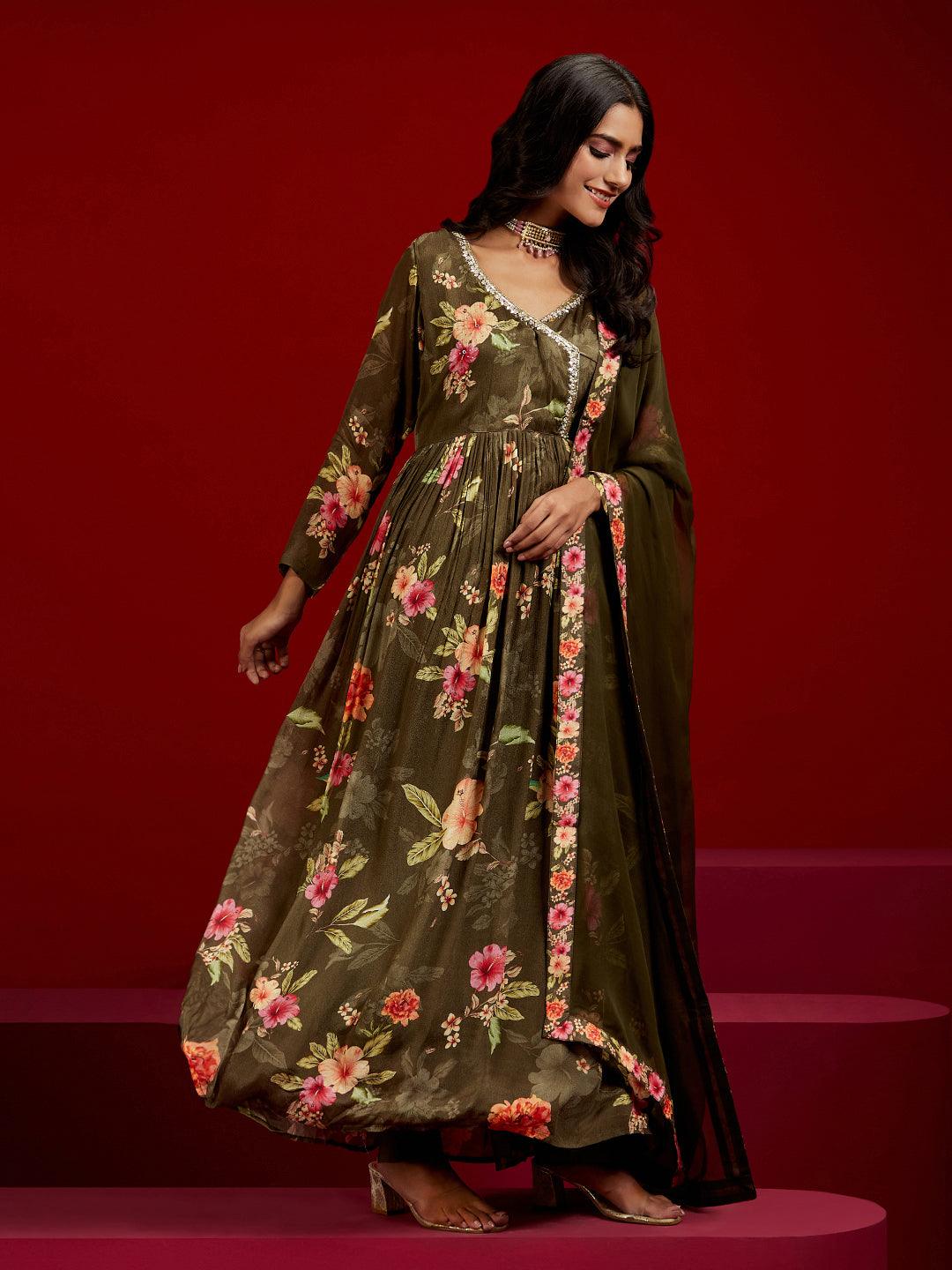 Libas Art Olive Printed Silk Chiffon Anarkali Kurta With Trousers & Dupatta - ShopLibas