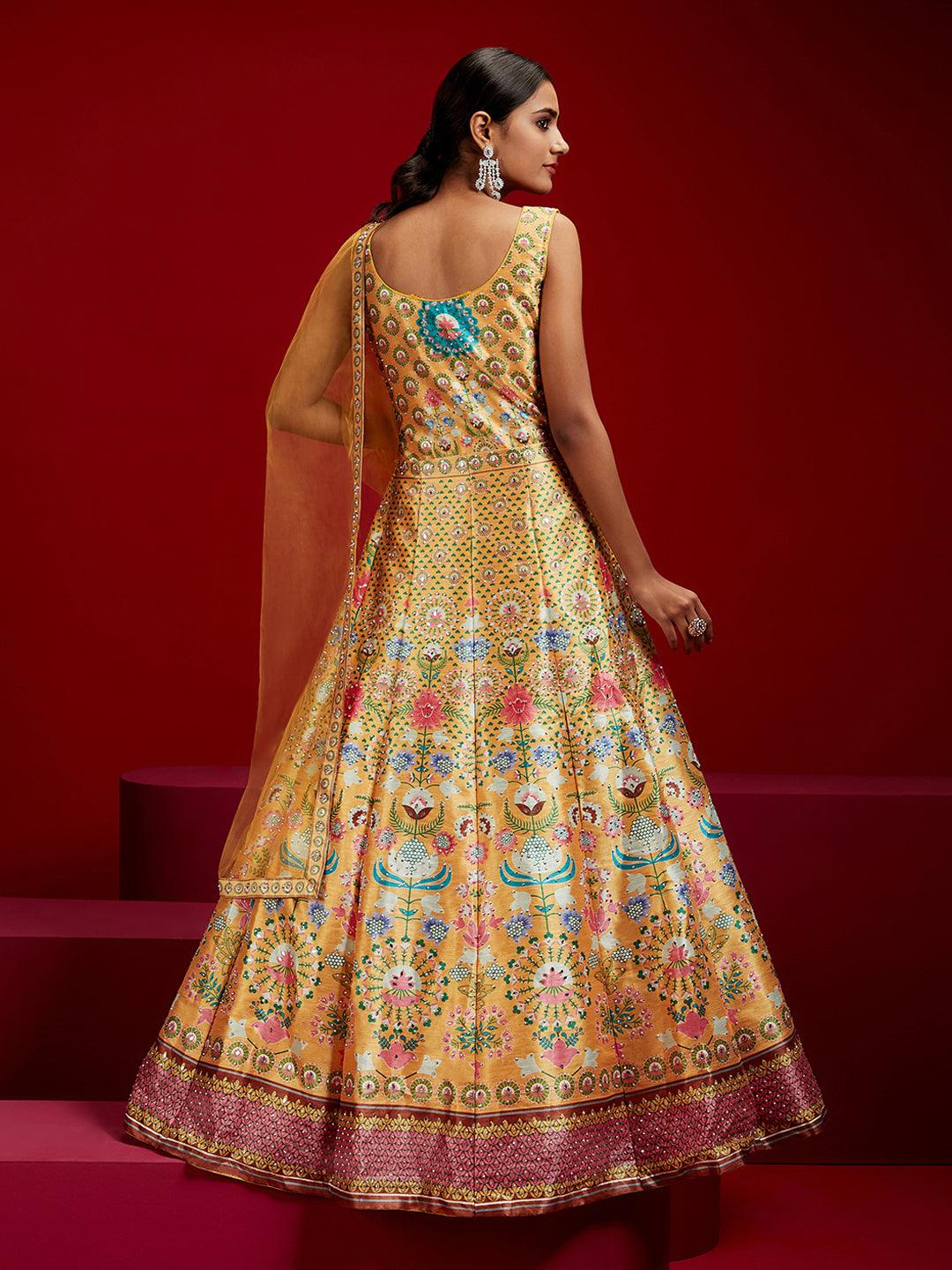 Libas Art Yellow Printed Silk Gown - ShopLibas