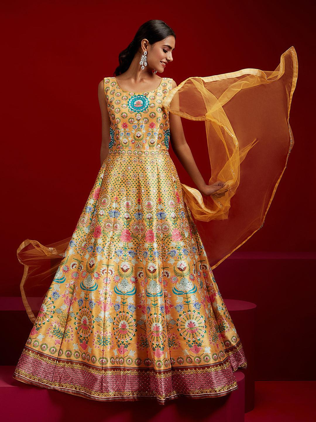 Libas Art Yellow Printed Silk Gown With Dupatta