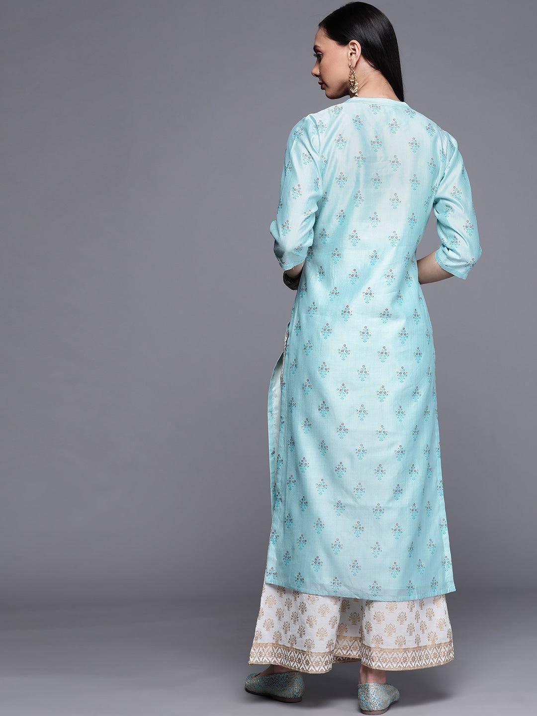 Blue Printed Chanderi Silk Kurta