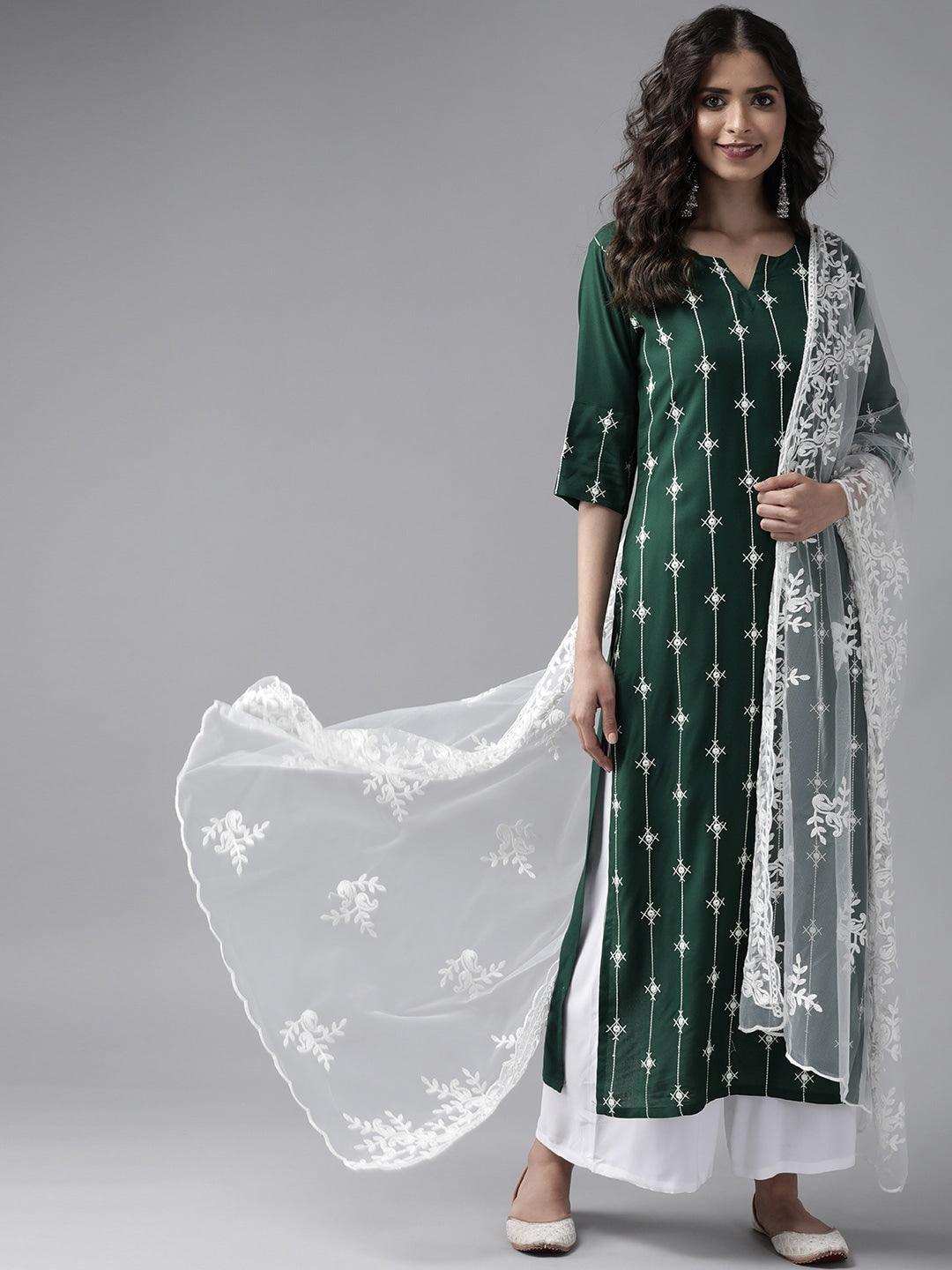 Green Embroidered Rayon Suit Set