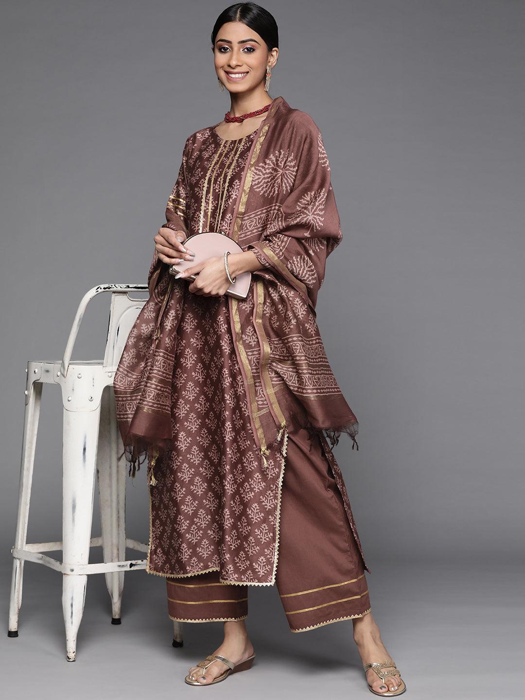 Brown Printed Chanderi Silk Suit Set - ShopLibas