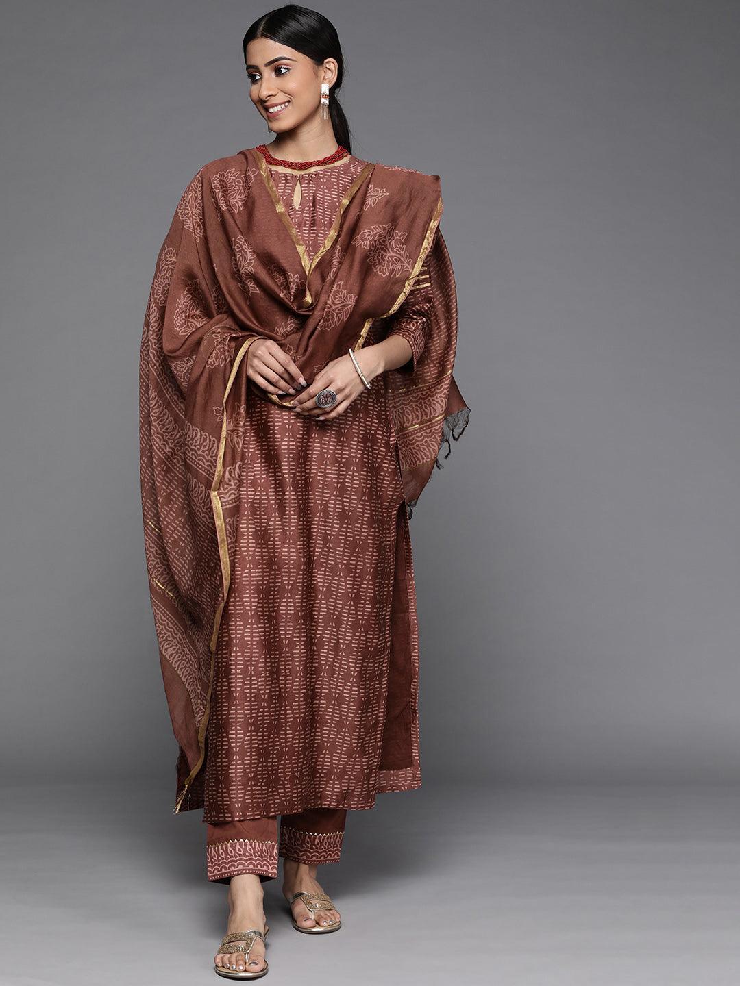 Brown Printed Chanderi Silk Suit Set