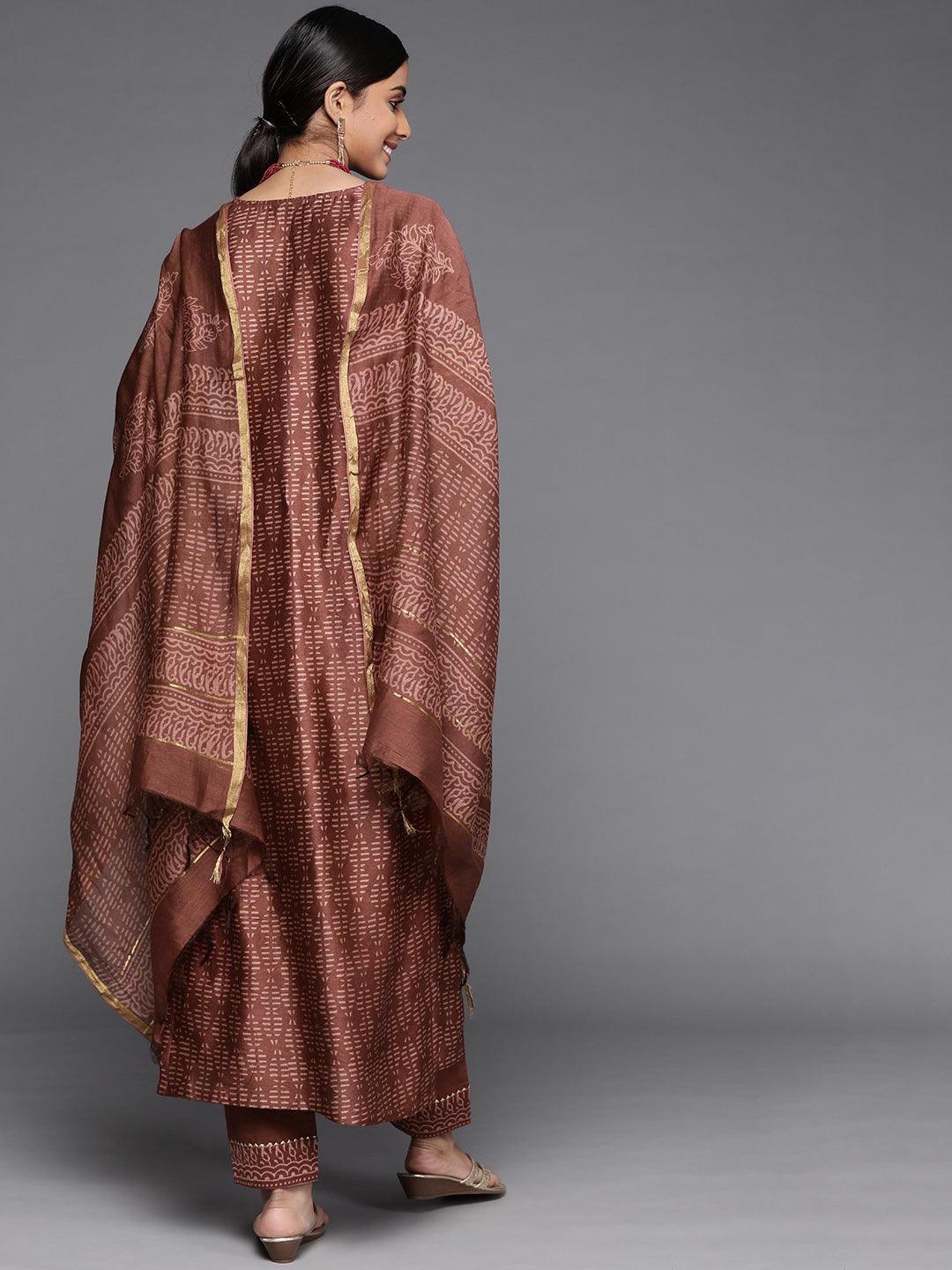 Brown Printed Chanderi Silk Suit Set