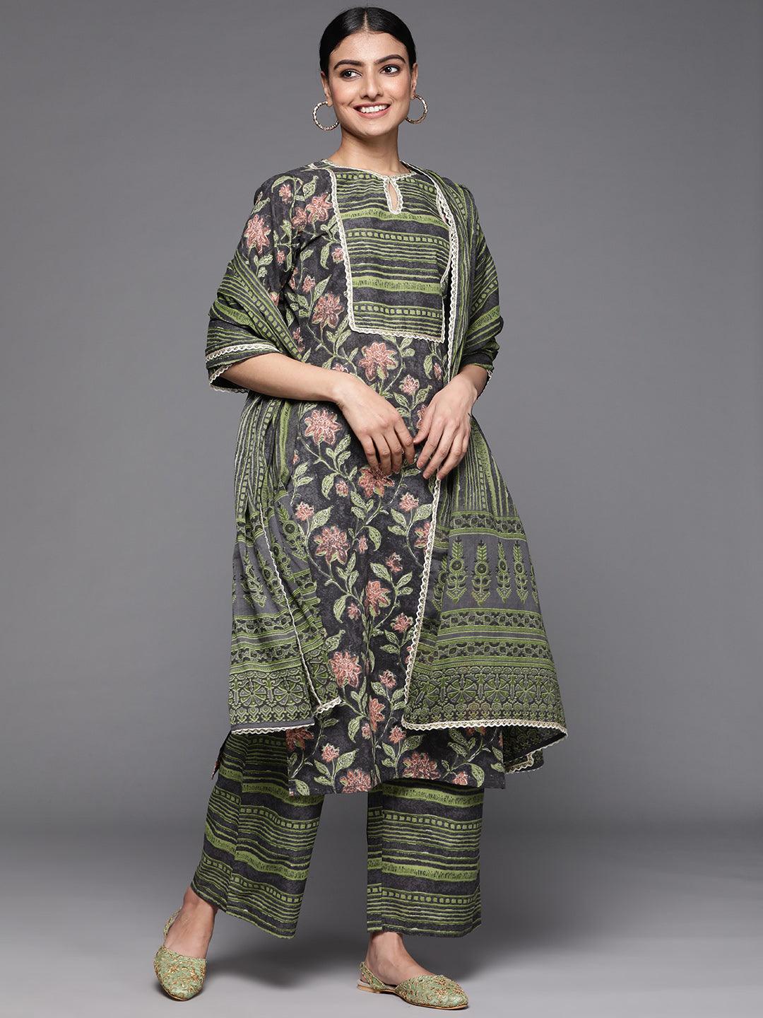 Green Printed Cotton Suit Set