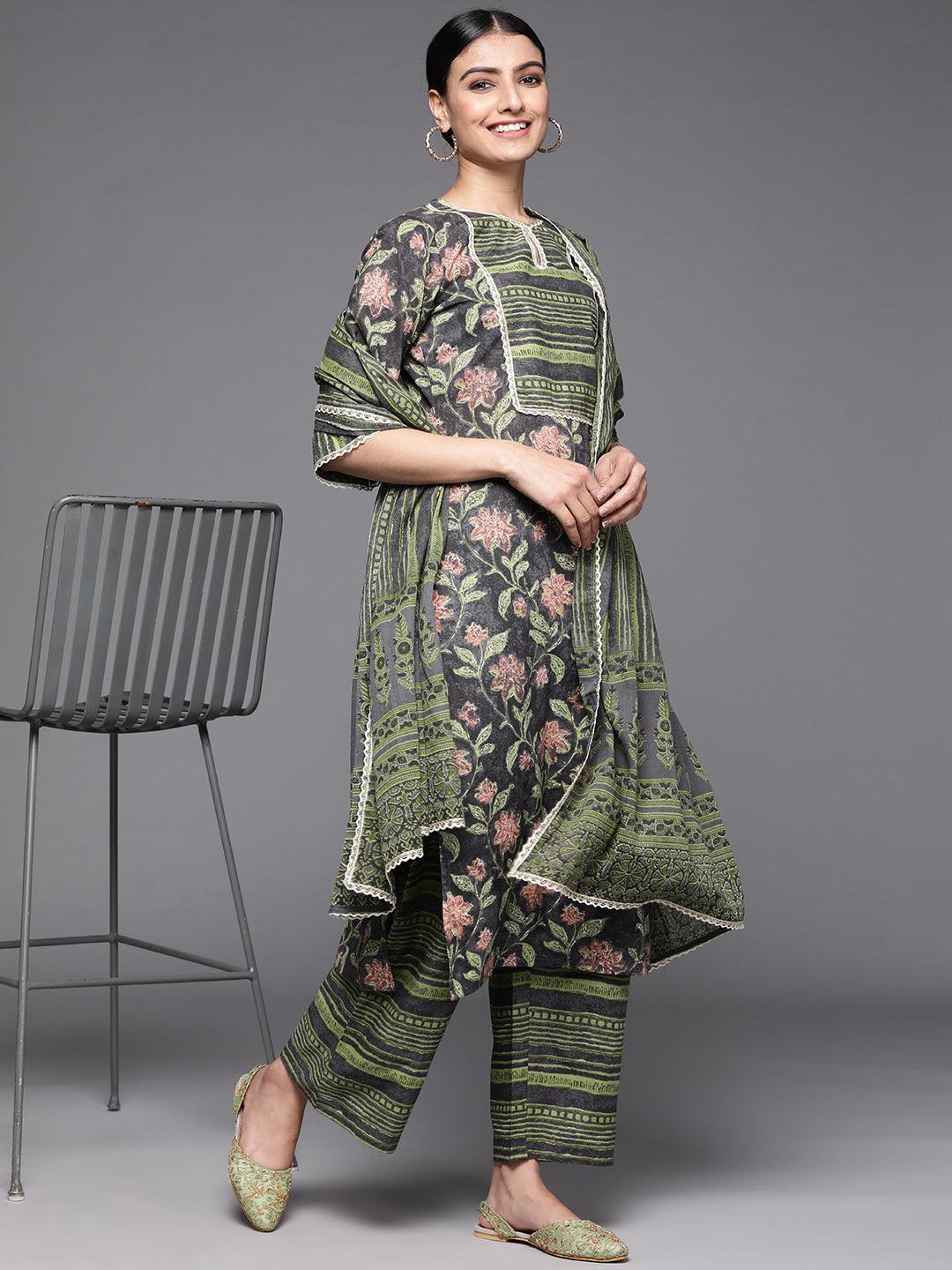 Green Printed Cotton Suit Set