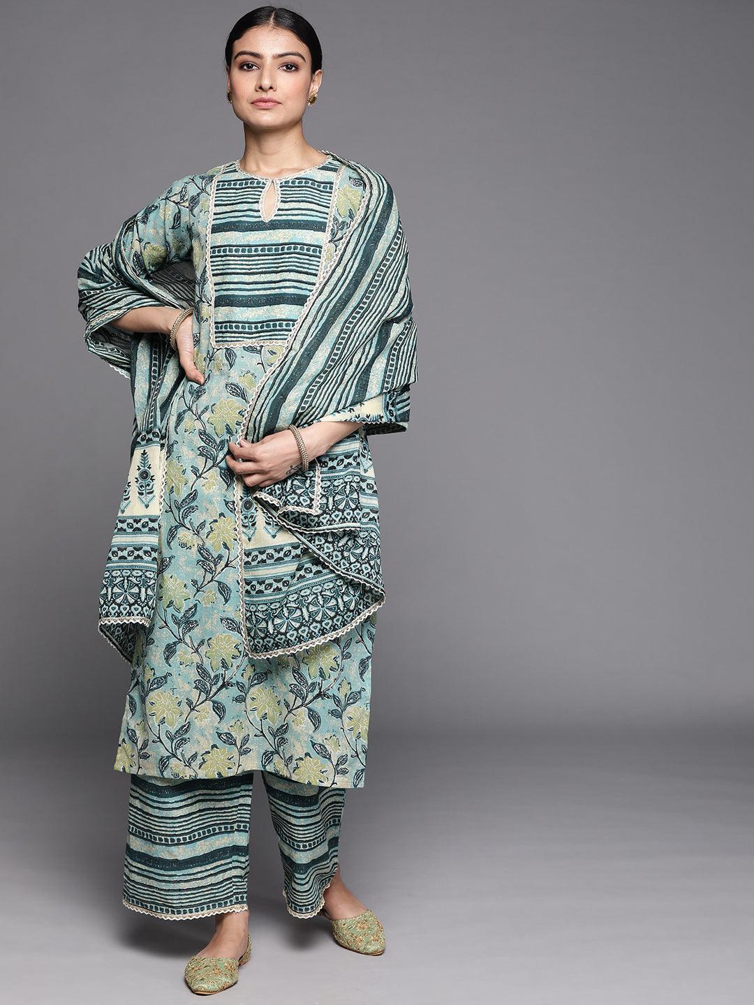 Green Printed Cotton Suit Set - ShopLibas