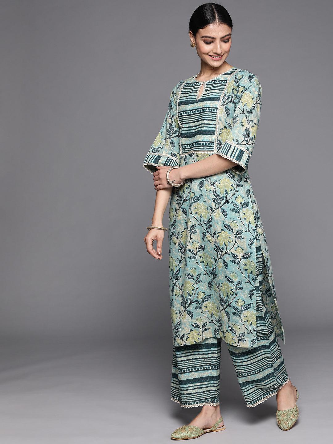 Green Printed Cotton Suit Set - ShopLibas