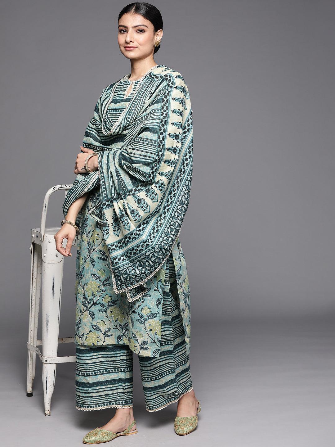 Green Printed Cotton Suit Set - ShopLibas