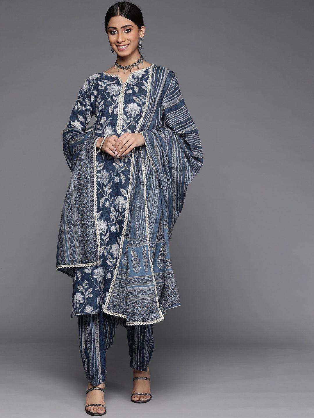 Blue Printed Cotton Suit Set