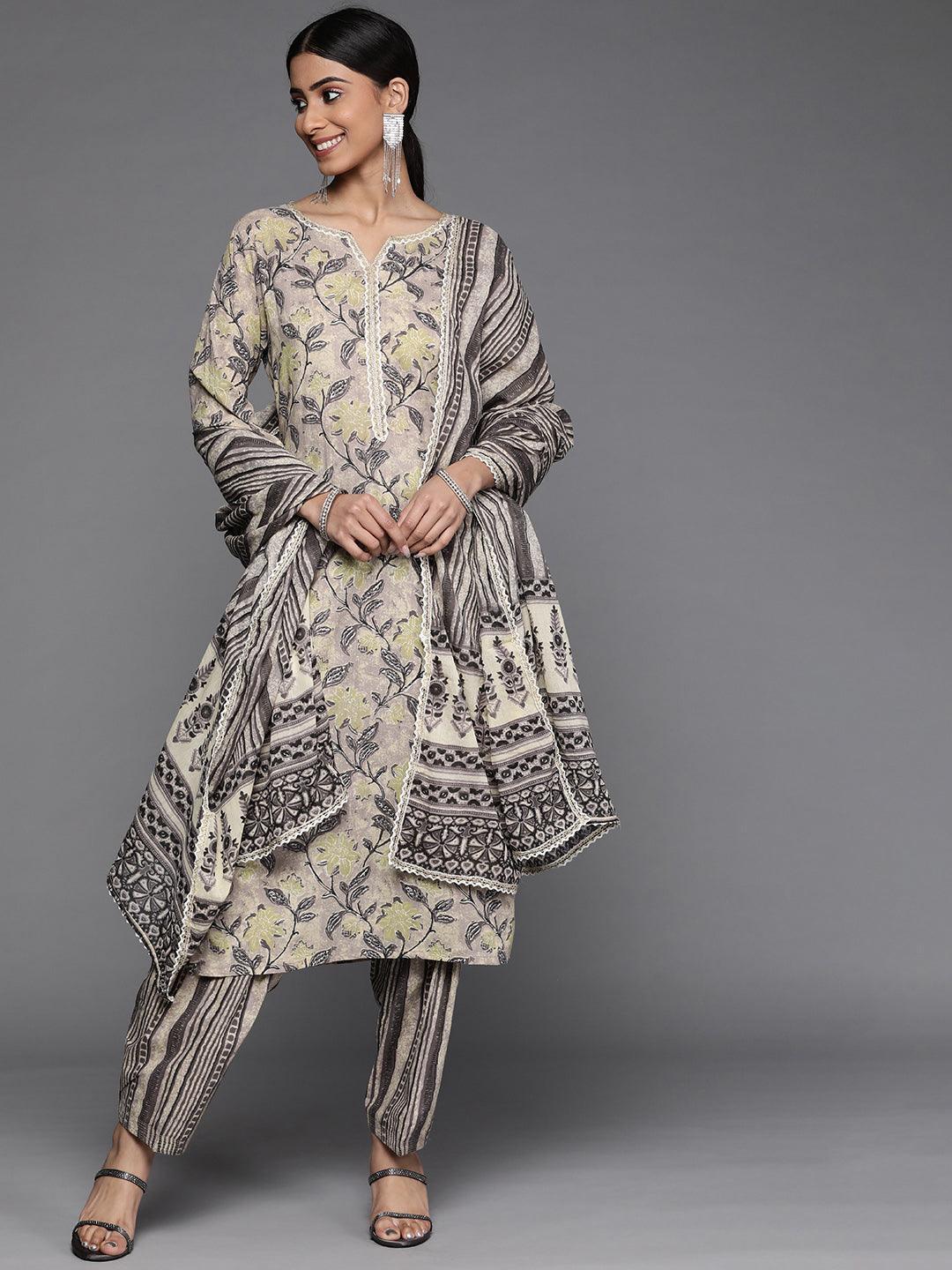 Taupe Printed Cotton Suit Set