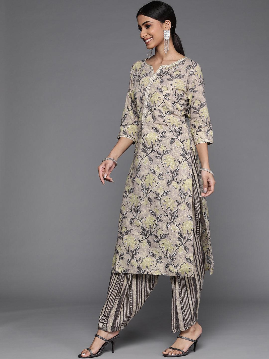 Taupe Printed Cotton Suit Set