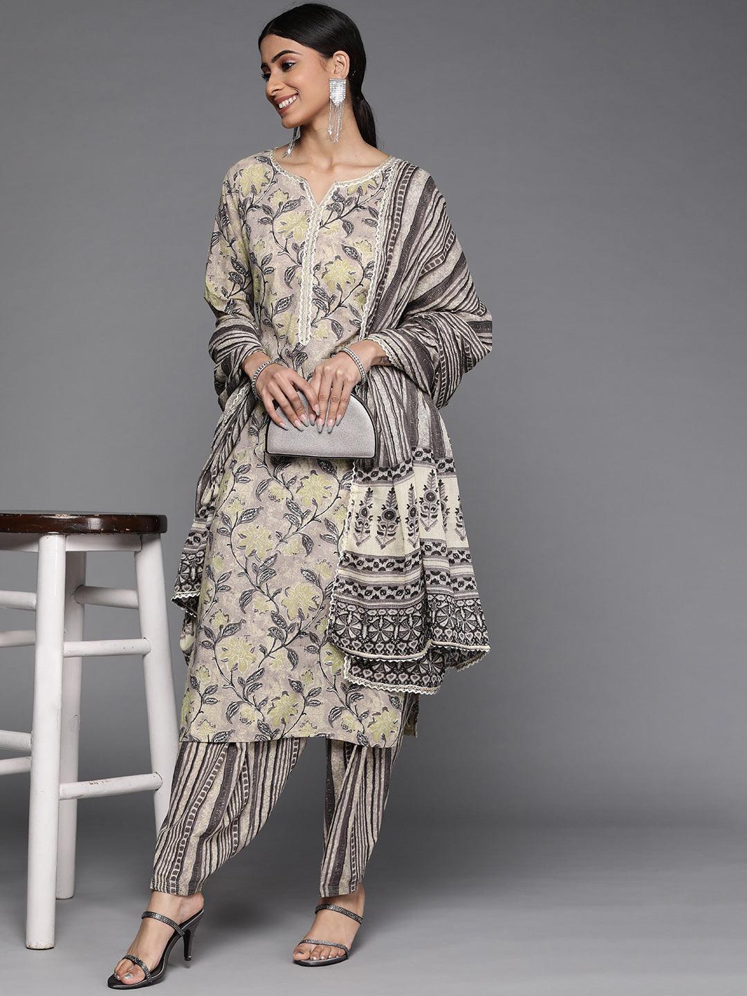 Taupe Printed Cotton Suit Set