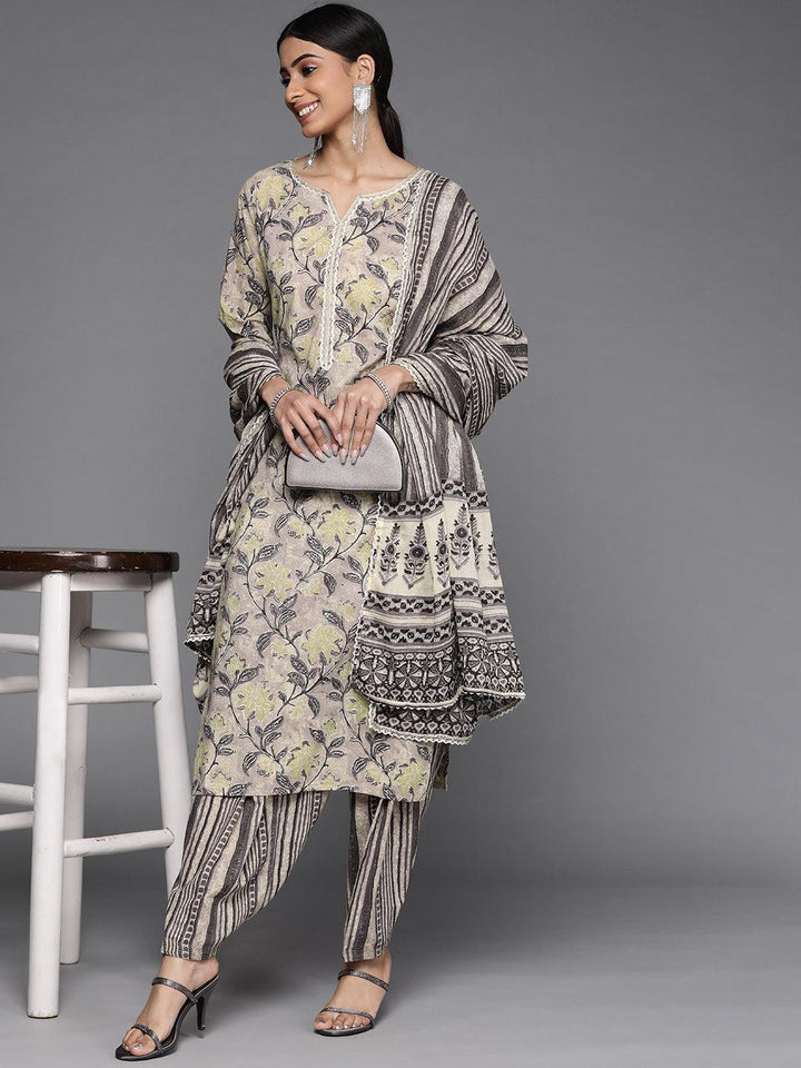 Taupe Printed Cotton Suit Set - ShopLibas