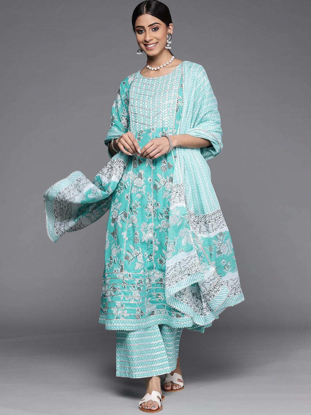 Blue Printed Cotton Suit Set - ShopLibas