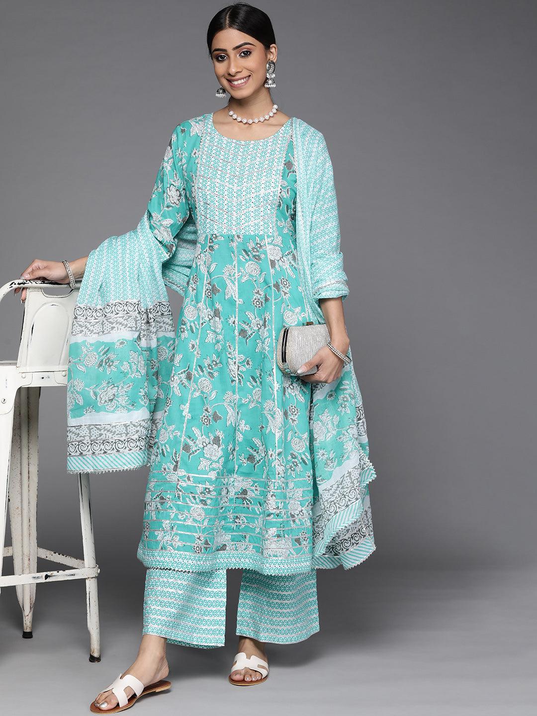 Blue Printed Cotton Suit Set - ShopLibas