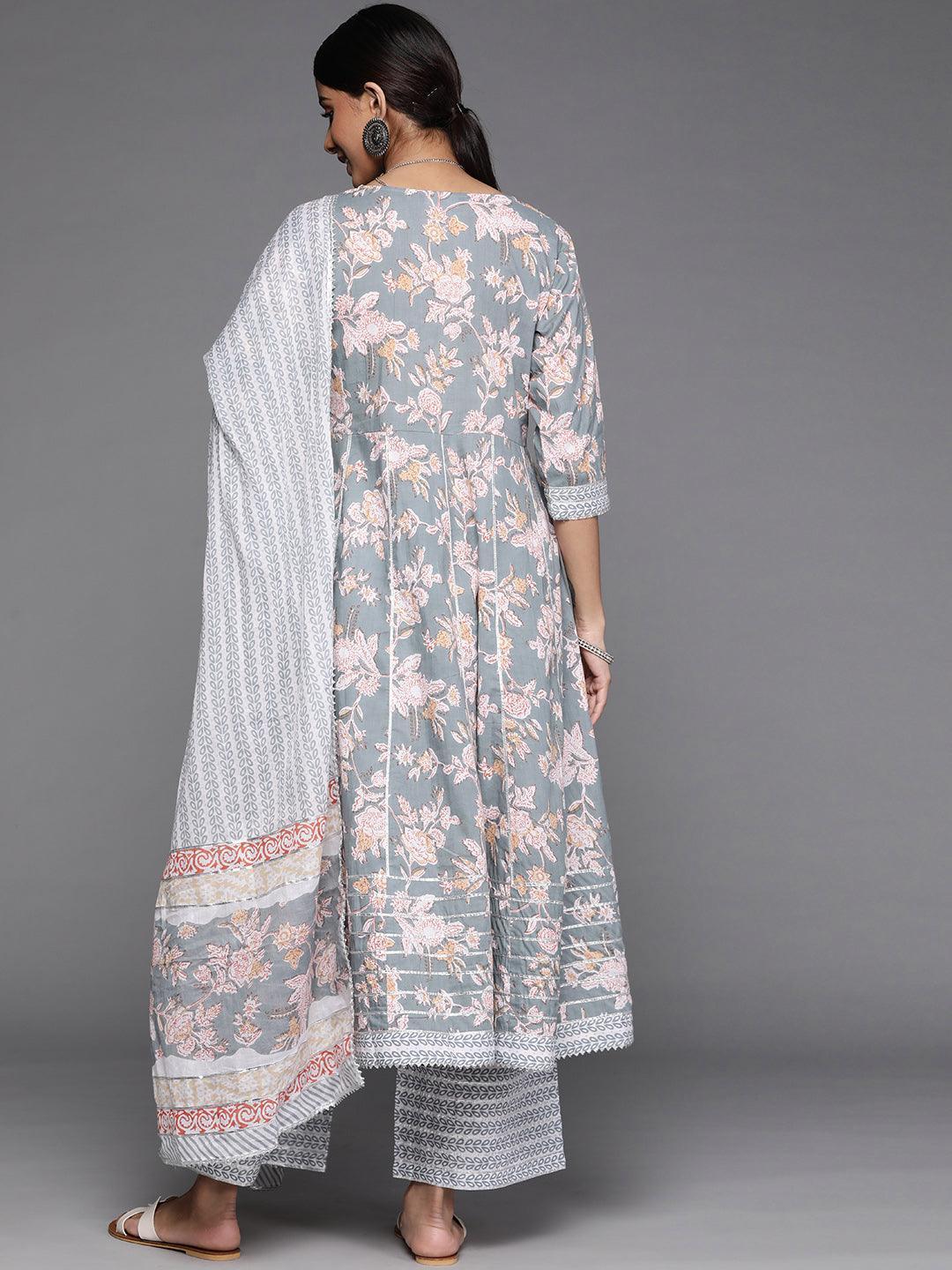 Grey Printed Cotton Suit Set - ShopLibas