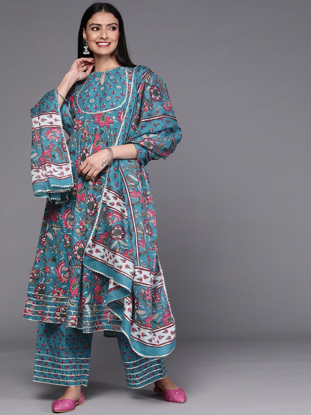 Blue Printed Cotton Suit Set