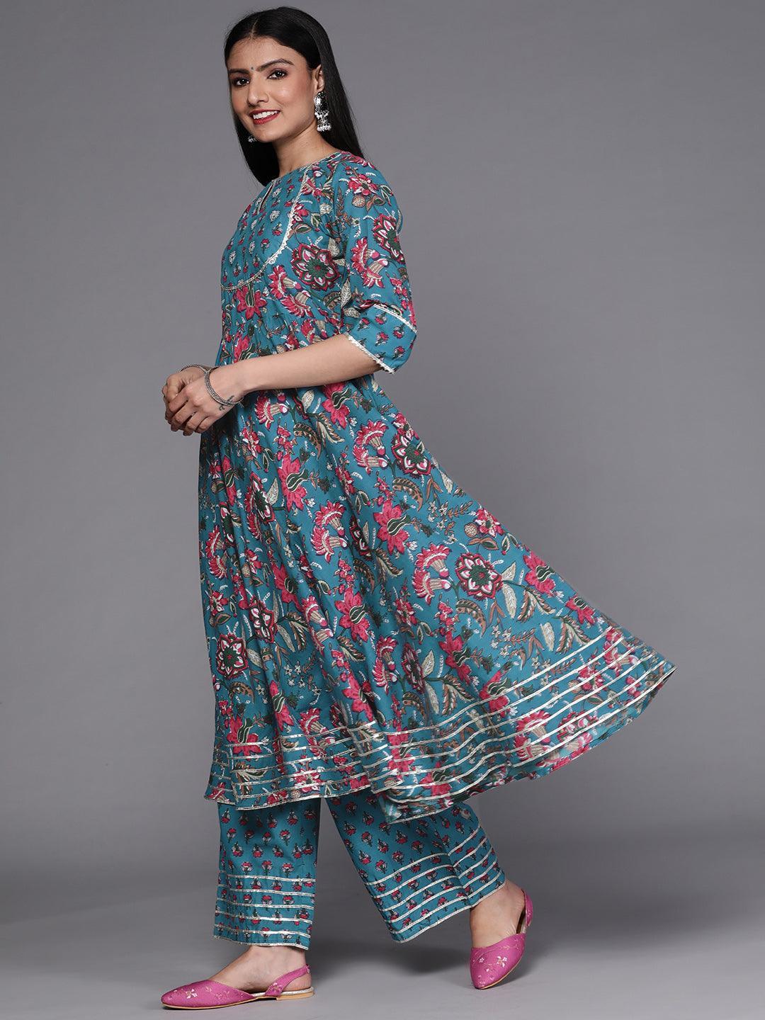 Blue Printed Cotton Suit Set