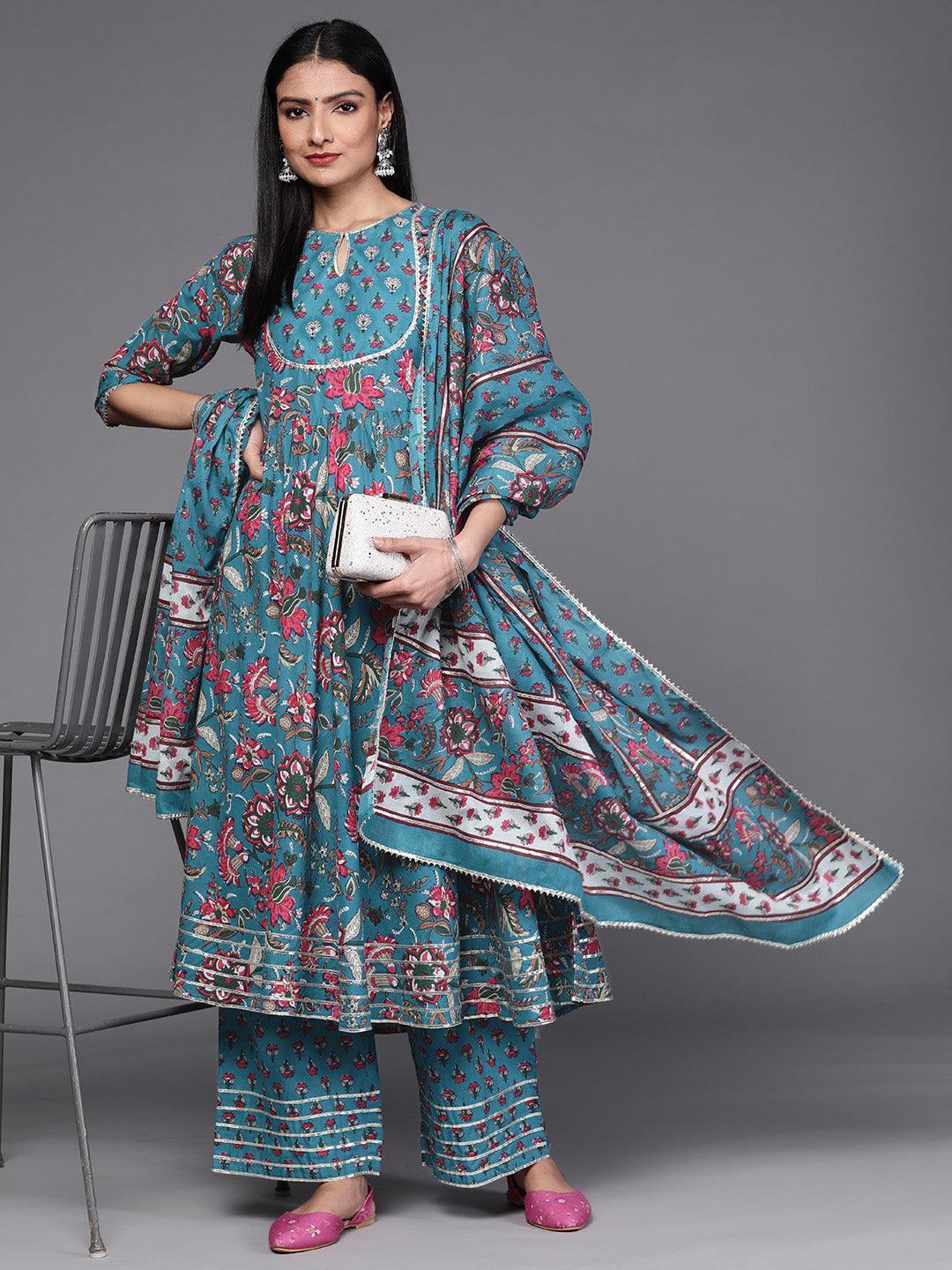 Blue Printed Cotton Suit Set - ShopLibas