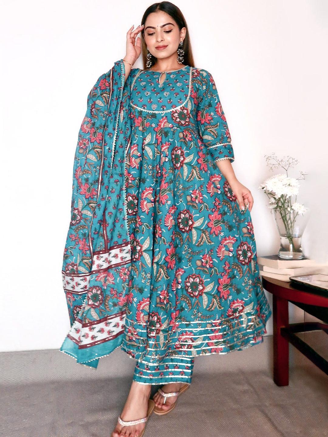 Blue Printed Cotton Suit Set