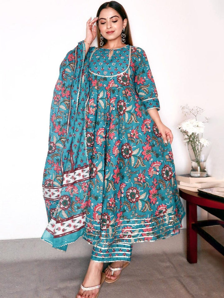 Blue Printed Cotton Suit Set - ShopLibas