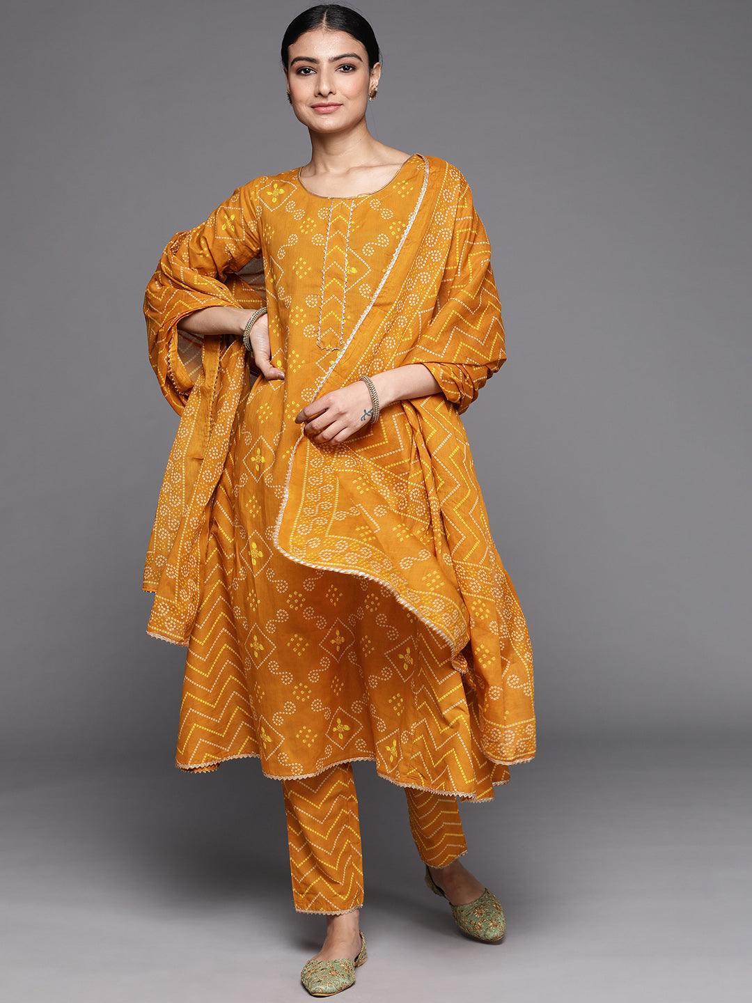 Mustard Printed Cotton Suit Set