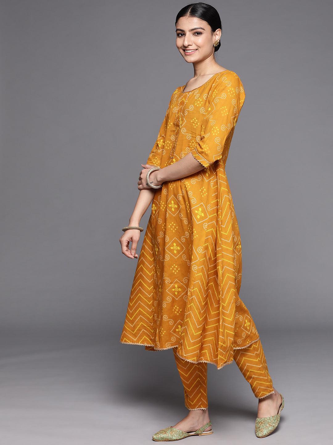 Mustard Printed Cotton Suit Set