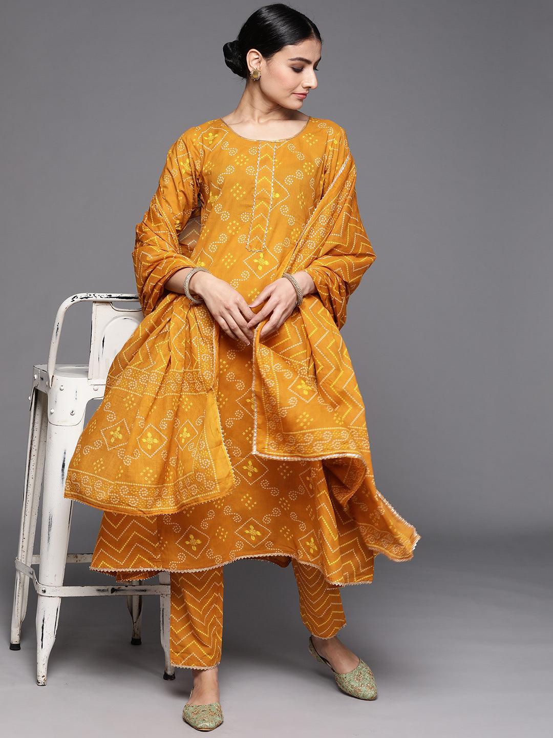 Mustard Printed Cotton Suit Set