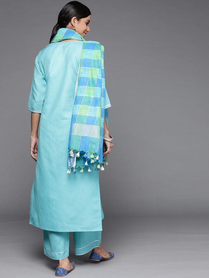 Blue Solid Cotton Suit Set - ShopLibas