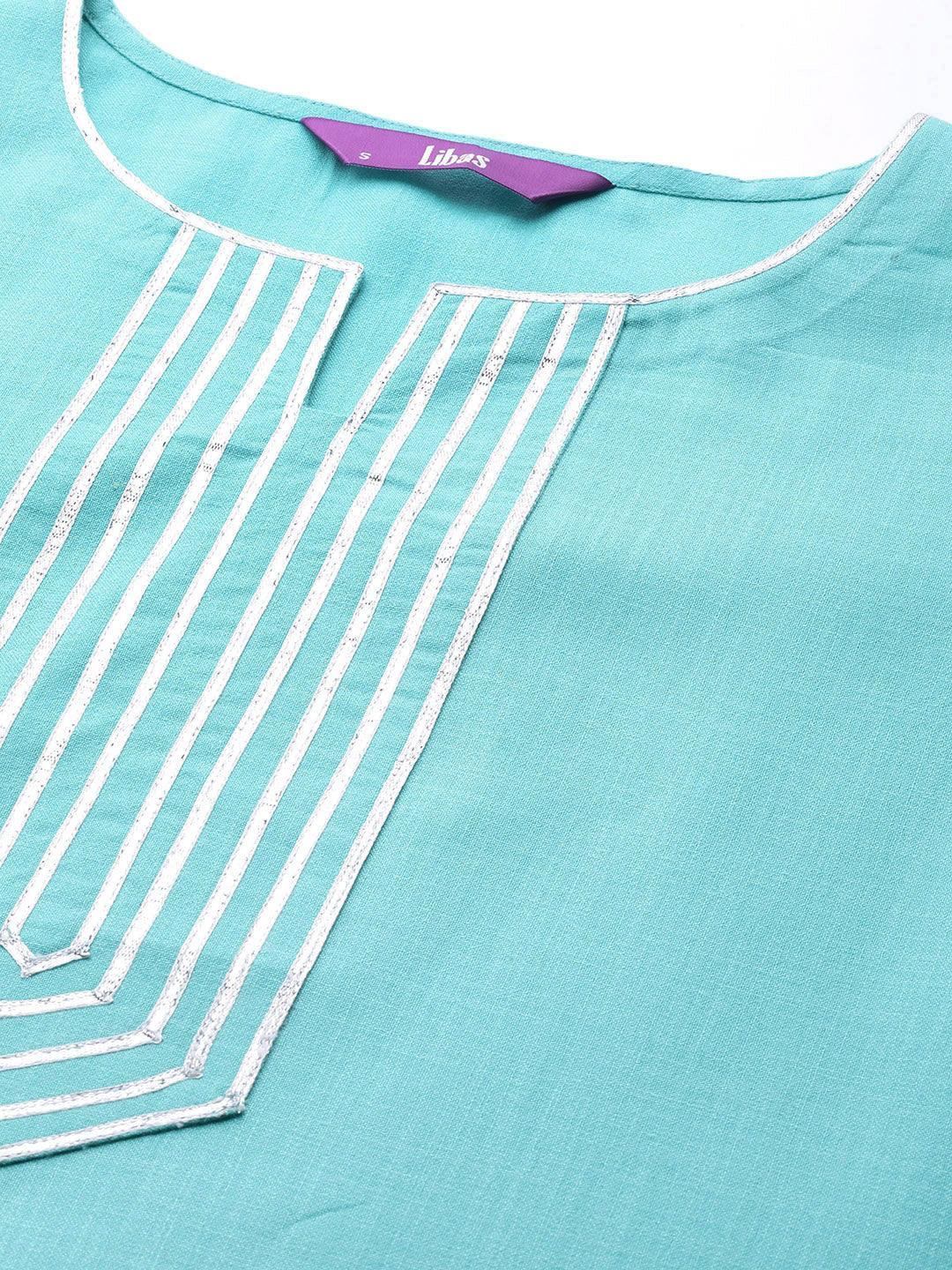 Blue Solid Cotton Suit Set