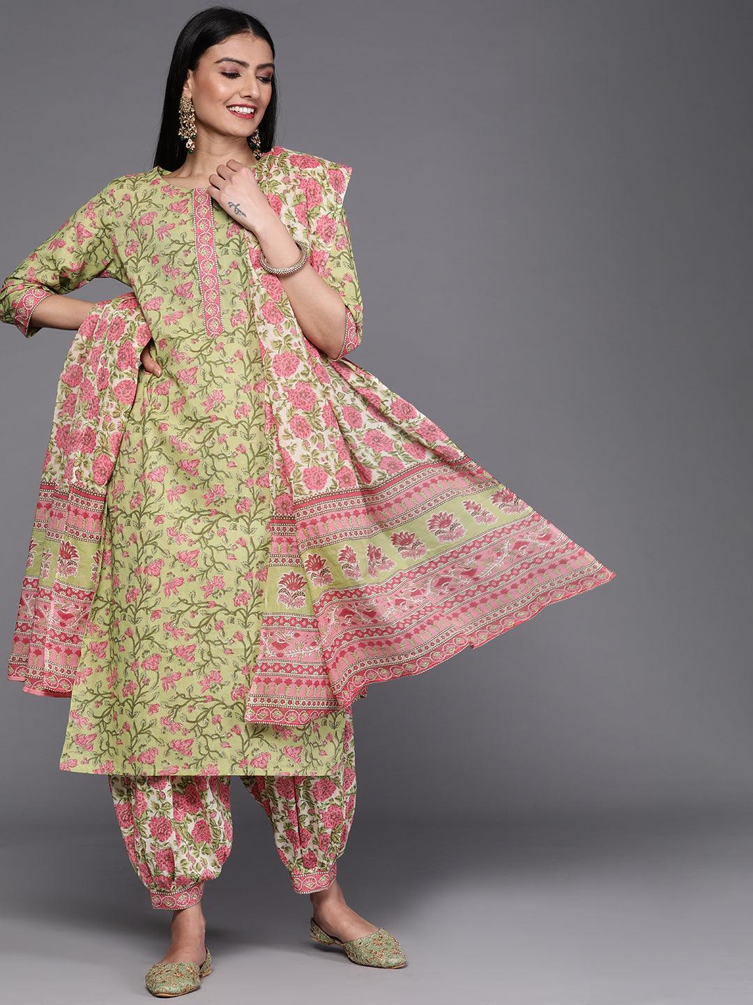 Green Printed Cotton Suit Set