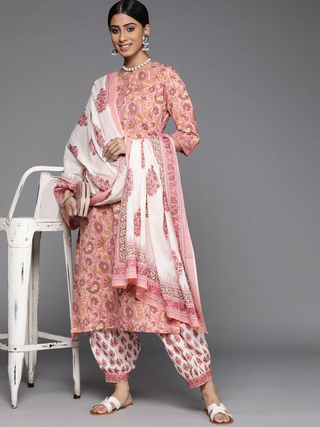 Peach Printed Cotton Suit Set