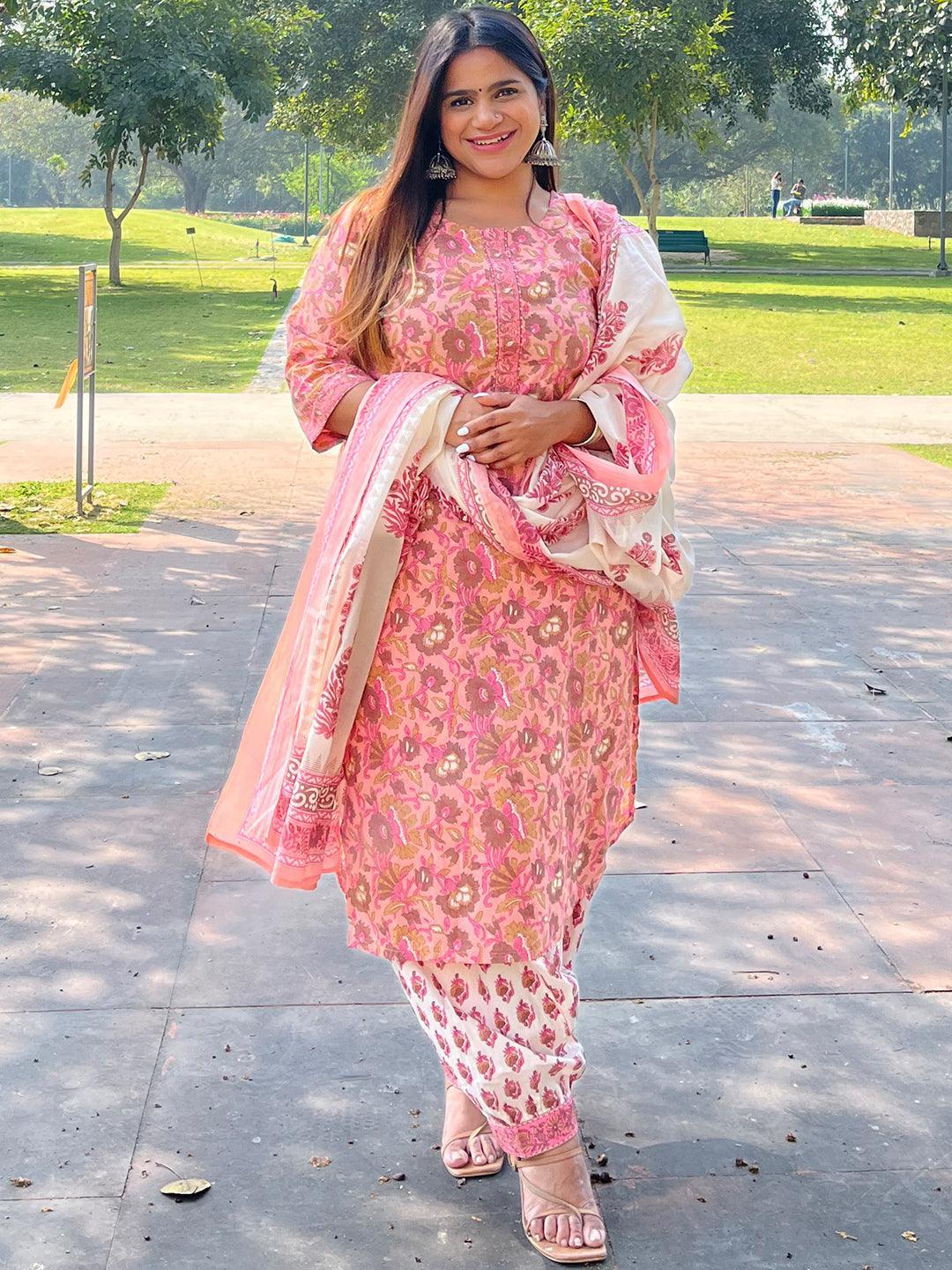 Peach Printed Cotton Suit Set